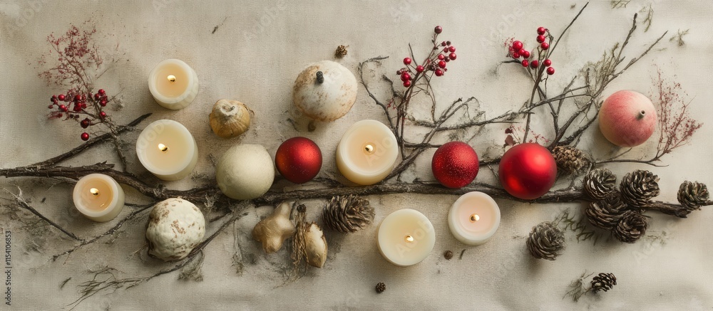 Poster candle arrangement on a light napkin with tree branches and ornaments creating a cozy festive atmosp