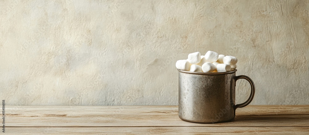 Poster metal mug filled with white marshmallows on a light wooden table with empty space for text or image 