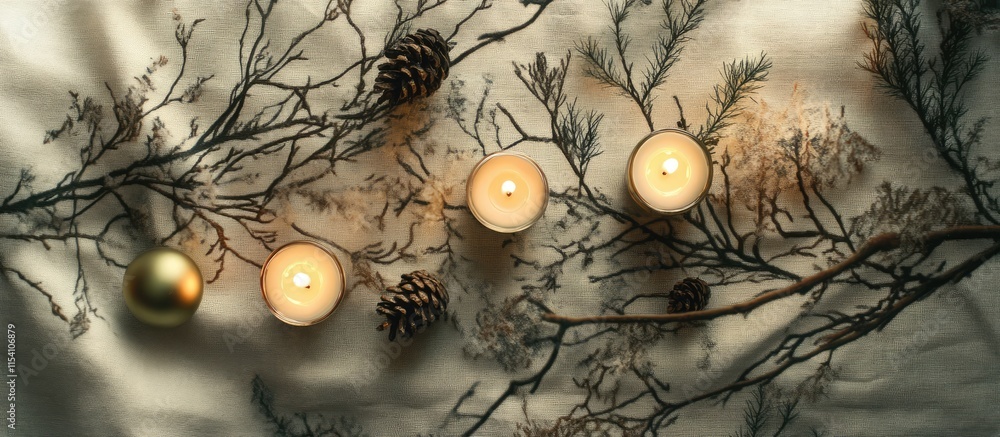 Poster candlelit decorations on a light napkin with tree branches and ornaments creating a warm and invitin
