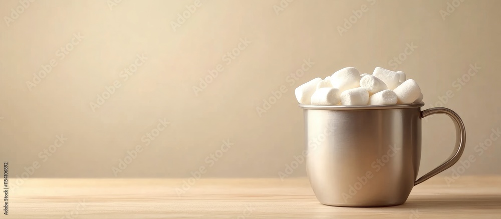 Poster metal mug filled with white marshmallows on a light wooden table with empty space for text or image 
