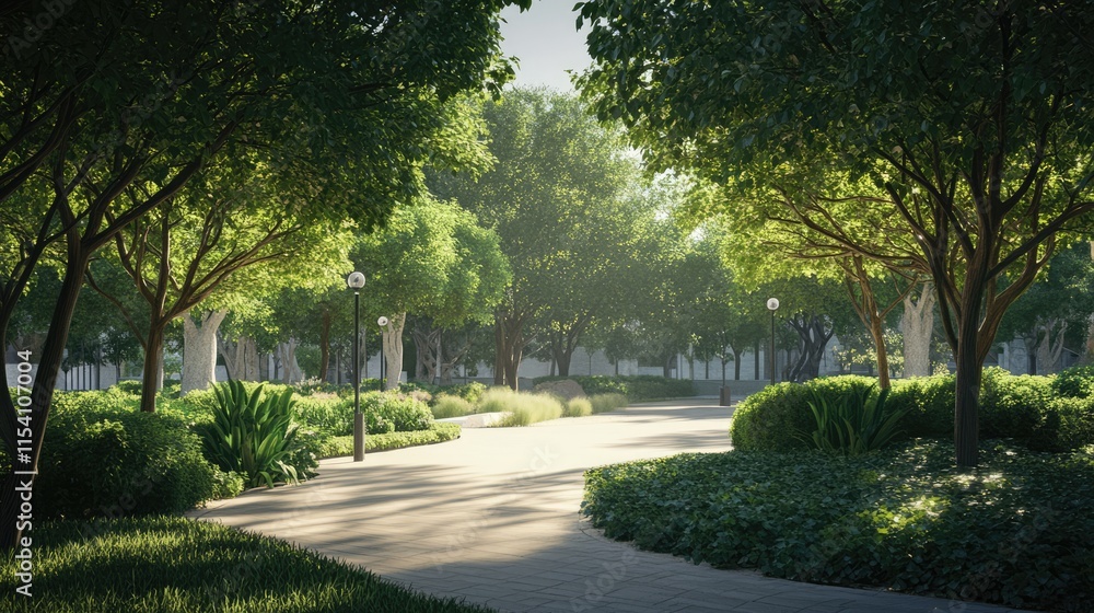 Poster serene outdoor park scene with lush green trees and well-maintained pathways inviting leisure and tr