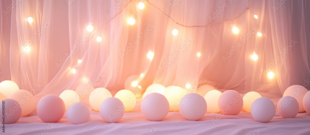Poster soft pastel backdrop with glowing garlands and round decorative balls creating a warm and inviting a