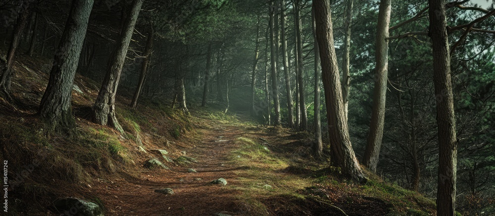Poster serene forest trail with mossy ground and towering trees under a soft light creating an ethereal atm