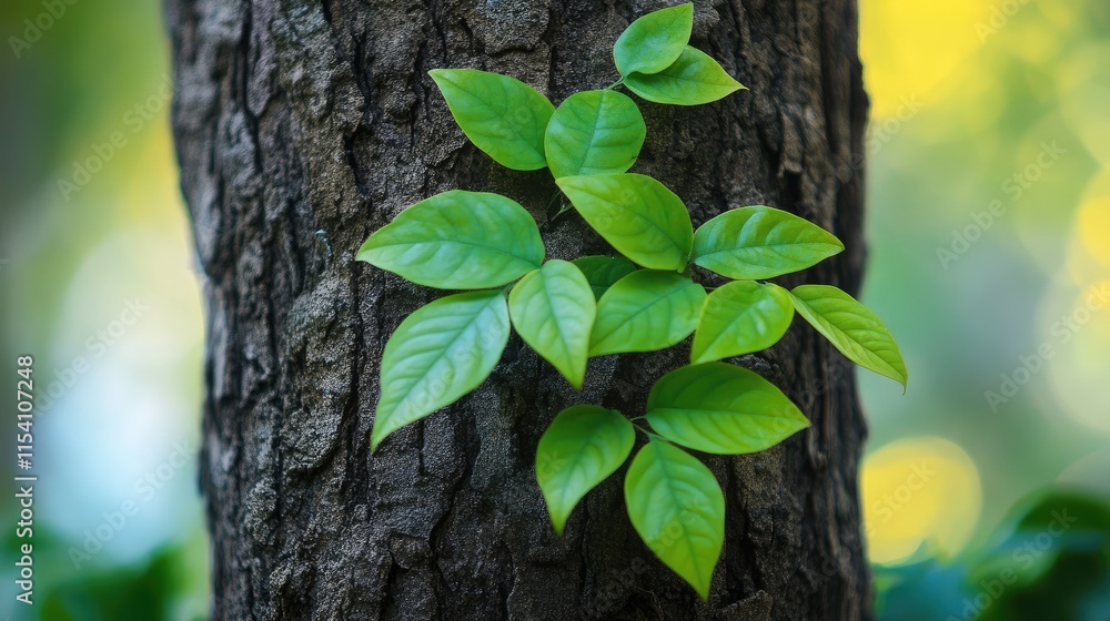 Aufkleber Soft green leaves thrive on a tree trunk in a serene nature setting creating a tranquil and lush environment.