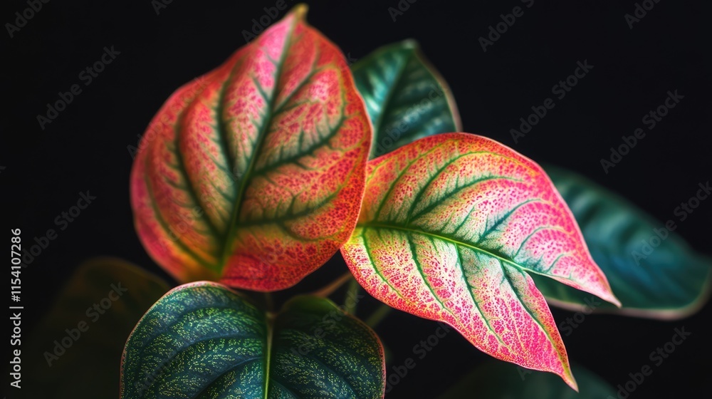 Poster vibrant close-up of colorful tropical plant leaves showcasing intricate patterns and textures agains