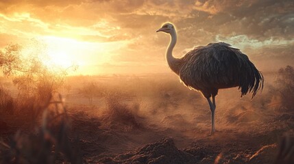 Ostrich silhouette at sunset in arid landscape with dramatic clouds and warm hues capturing the essence of wildlife and nature's beauty