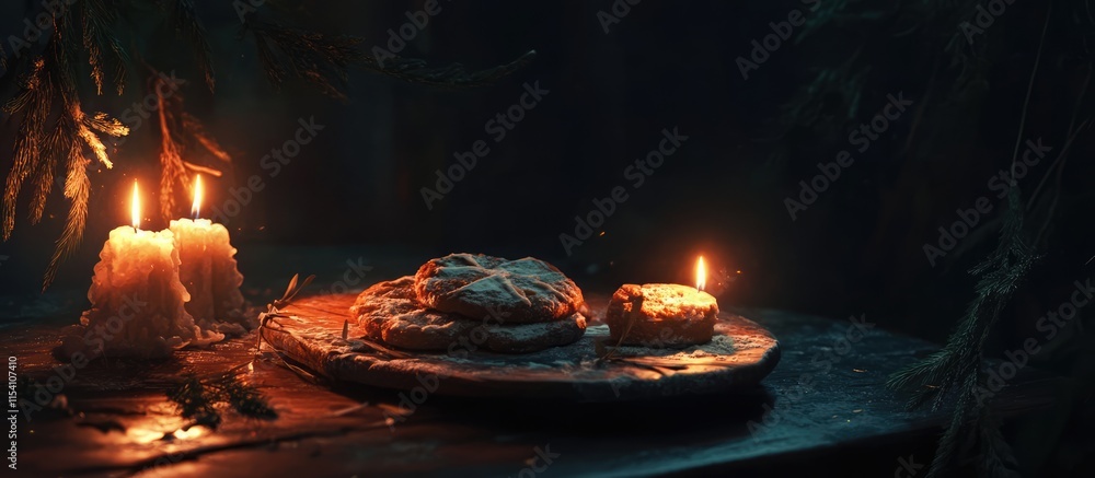 Poster rustic table setting featuring gingerbread treats and glowing candles creating a warm and inviting a