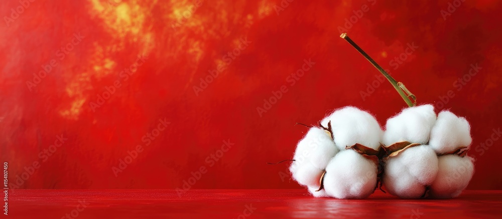 Poster cotton flower resting on a table with a vibrant red background creating a striking visual contrast a
