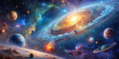 A vast and colorful galaxy showcases bright nebulae and various planets, highlighting the beauty of the universe in a captivating cosmic landscape