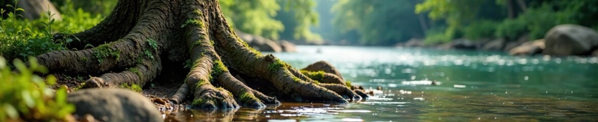 A tree stump and roots growing on a river rock, wood, landform