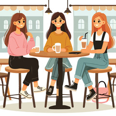 Fototapeta premium Flat young girl friends in cafe on meeting vector image vector on a white background