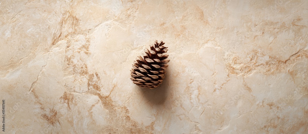 Aufkleber pine cone resting on a textured beige surface symbolizing winter tranquility and natural elements in