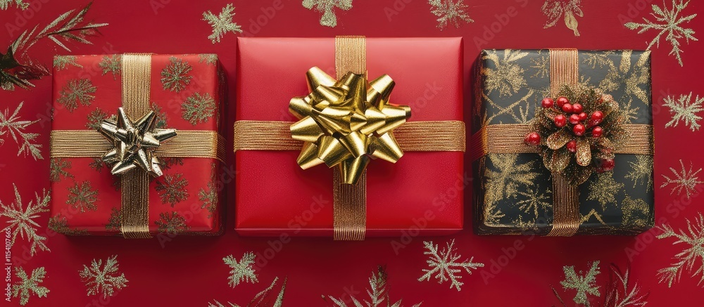 Poster christmas gift boxes with festive wrapping and decorations on a red background with snowflake patter