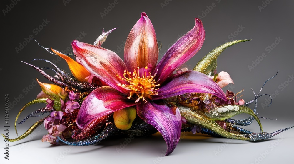 Poster Vibrant floral arrangement showcasing a large multicolored flower with intricate details and elegant complementary elements on a neutral backdrop