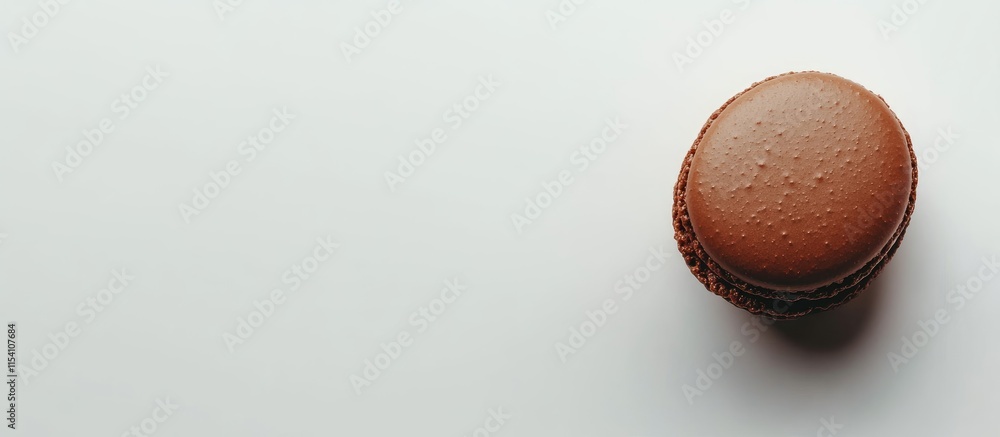 Poster chocolate macaron on a minimalist white background highlighting its texture and color in a clean and