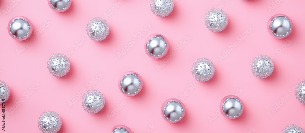 Poster Silver decorative balls arranged in a repetitive pattern on a vibrant pink background ideal for festive or creative design concepts.