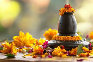 Happy Maha Shivaratri greeting card - Shiva Linga decorated with flowers, trishula, damru and bilva leaves