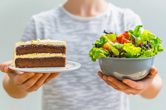 A humorous portrayal of a person holding a slice of cake in one hand and a salad bowl in the other, struggling to decide, playful and relatable