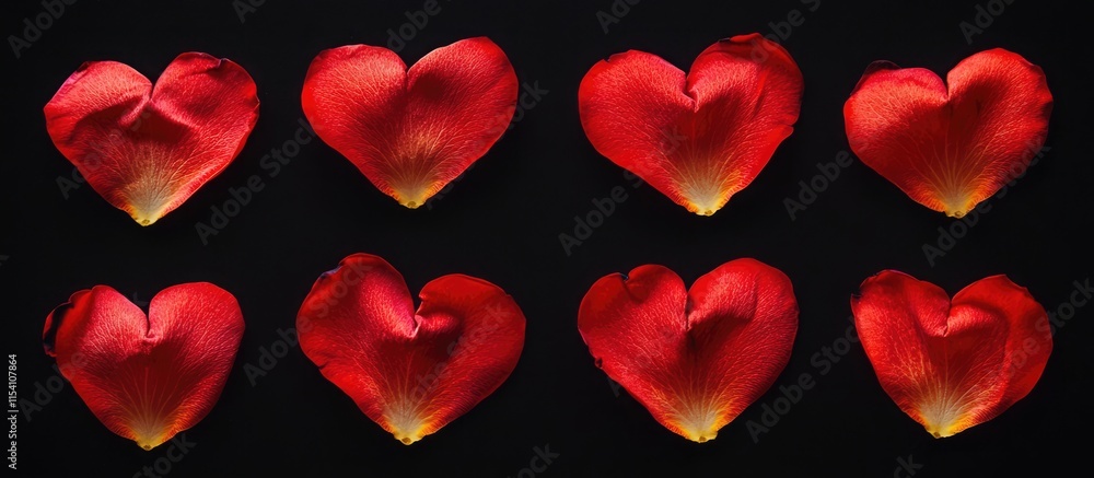 Poster red heart shapes made from rose petals arranged on a black background ideal for romantic greeting ca