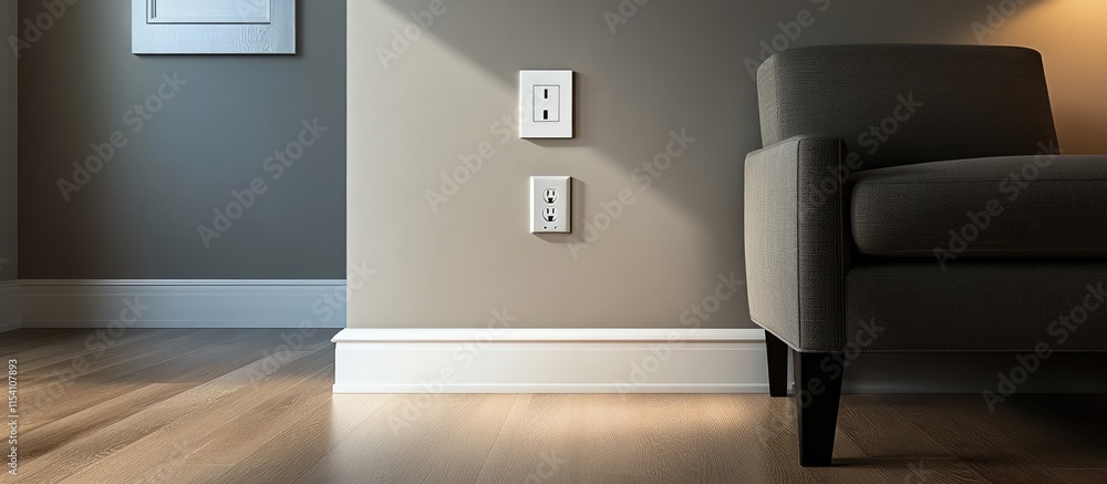 Poster modern room interior emphasizing outlet plug placement for convenience and functionality in everyday