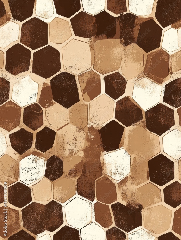 Poster colorful geometric pattern featuring hexagonal shapes in brown and beige shades on a textured backgr