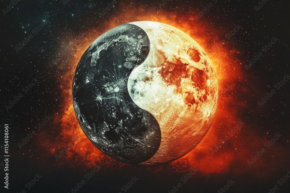 Poster combining interlocking sun rays and moonlight design captures essence of yin yang in retro style.