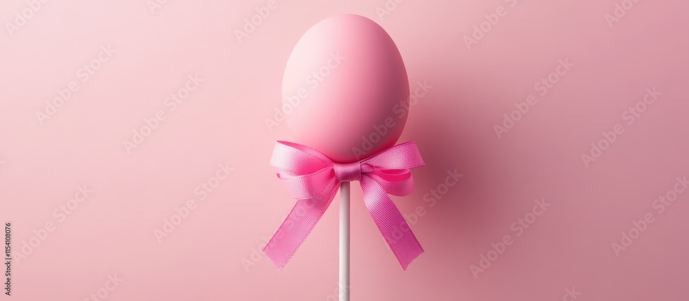 Poster pink easter egg on a stick adorned with a ribbon resembling hands inviting an embrace over a soft pi