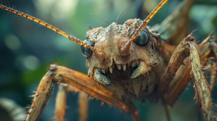 Close-up of a large grasshopper showcasing detailed features and textures in a natural environment, highlighting insect biodiversity.