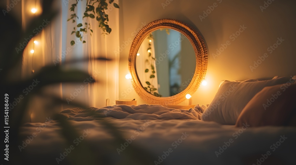 Aufkleber cozy and serene bedroom with soft lighting, textured bedding, and a round mirror with warm accents c