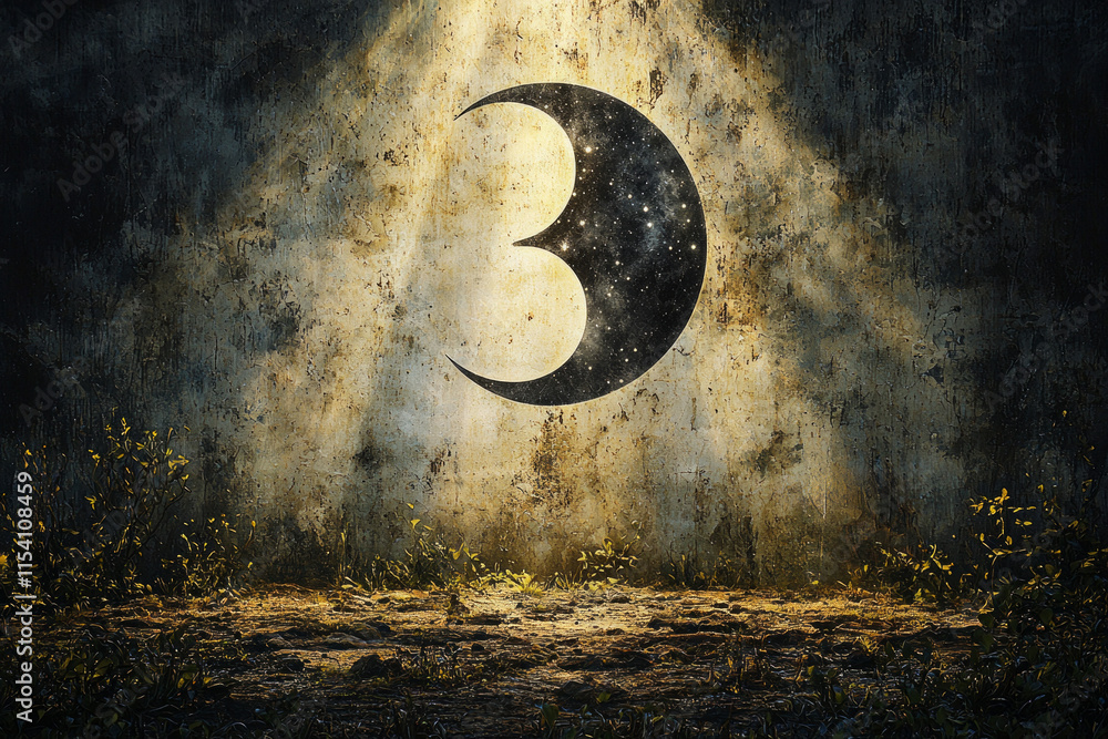 Poster artwork features unique yin yang symbol created from interlocking sun rays and moonlight against sta