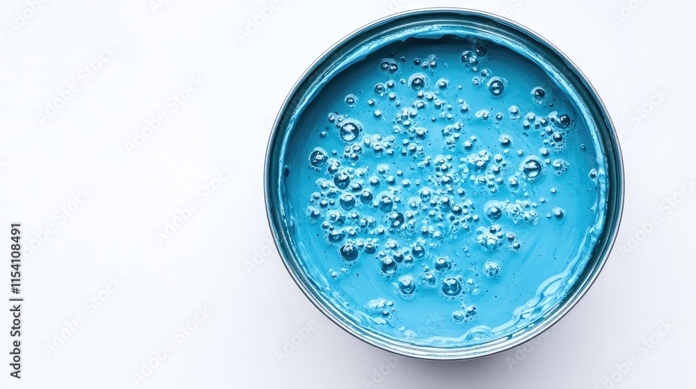 Poster open can of light blue paint with bubbles on white background for home renovation projects top view 