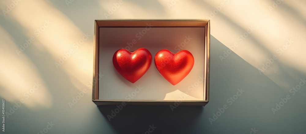 Poster gift box showcasing two red hearts on a light background with soft shadows creating a romantic and i