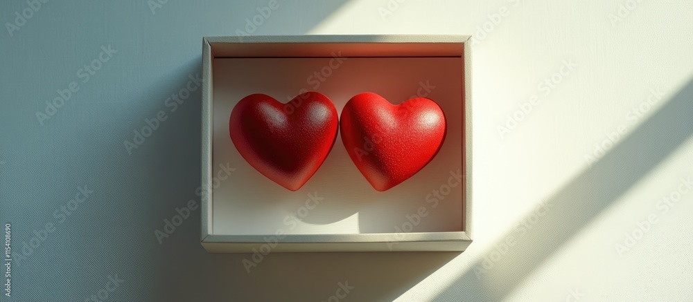 Poster gift box with two red hearts placed inside on a light background viewed from above symbolizing love 
