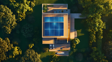 Aerial top view of new modern residential house cottage with blue shiny solar photo voltaic panels system on roof. Galvanic. Illustration