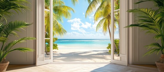 Serene beach view framed by palm trees through an open door ideal for vacation themed decor and relaxation inspiration
