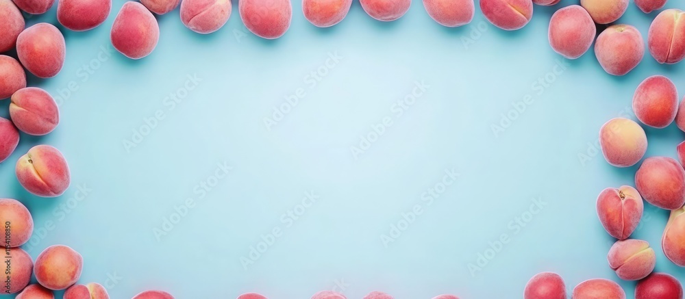 Poster Fresh peaches arranged in a flat lay frame on a pastel blue background with ample copy space for branding or promotional use.