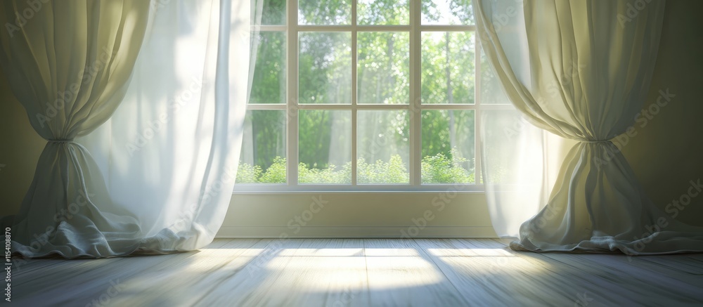 Poster sunlit indoor atmosphere with an open window and flowing curtains swaying in a gentle breeze surroun