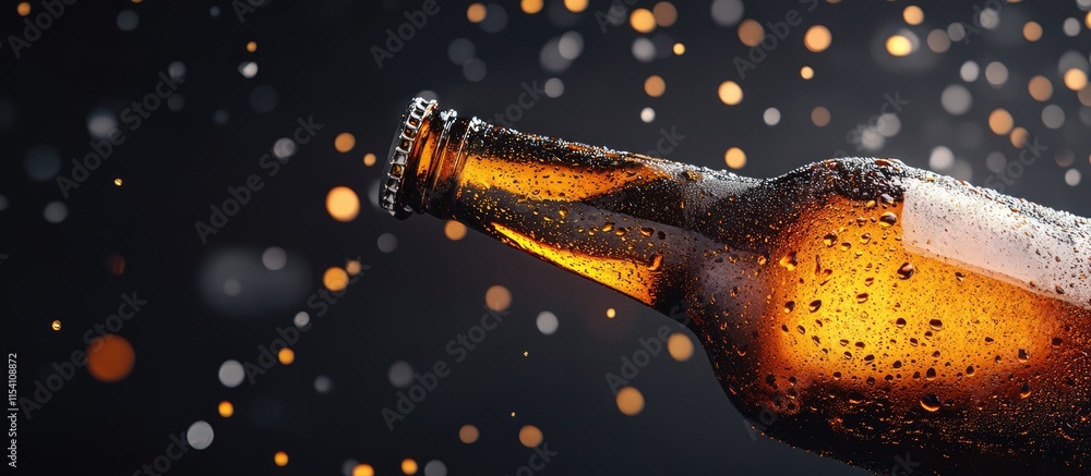 Aufkleber open beer bottle with condensation against a dark background showcasing bubbles and droplets, creati