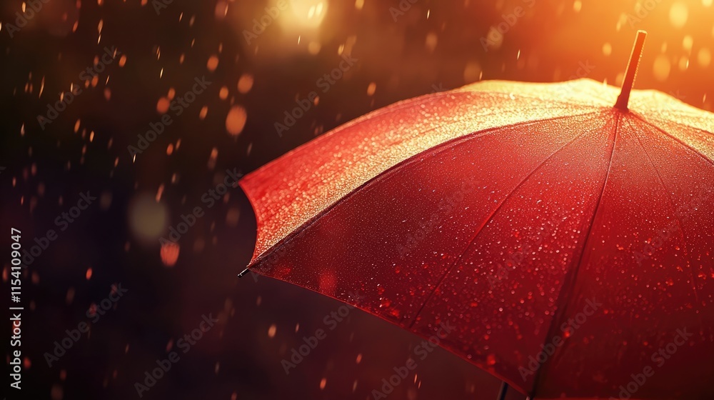 Poster closeup of an opened red umbrella with rain droplets against a warm glowing background creating an a
