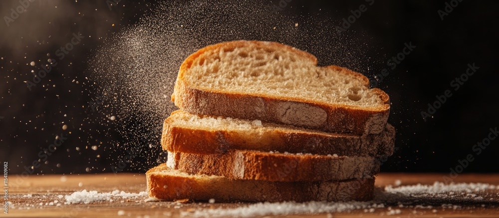 Aufkleber Slices of bread sprinkled with salt on a wooden surface creating a rustic and appetizing food composition