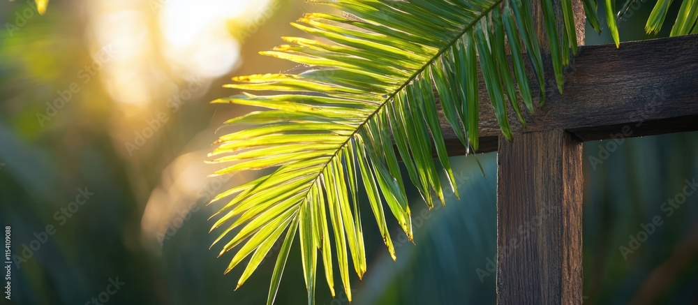 Aufkleber Palm tree leaves gently resting on a wooden cross illuminated by soft sunlight during a sacred procession in a tranquil setting