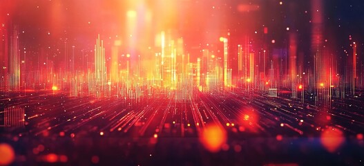 Obraz premium A digital background with red and orange lights, creating an abstract cityscape with light beams. 