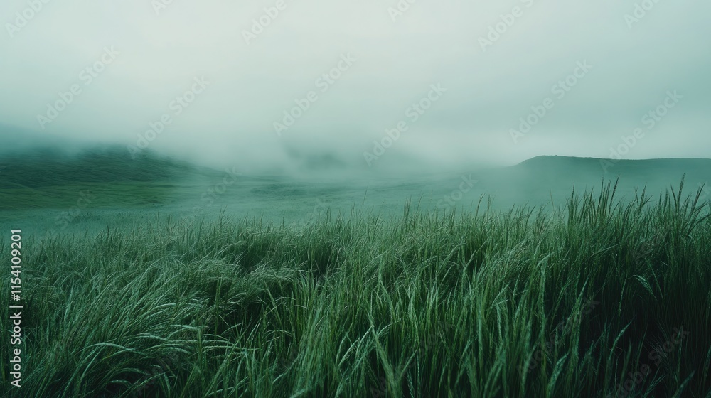 Aufkleber Mist-covered green grass field with a soft focus effect creating a serene and tranquil atmosphere in a natural landscape setting.