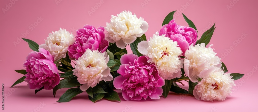 Poster Peony flowers bouquet in pink and white arranged on pink background showcasing vibrant colors and textures with ample copy space for designs