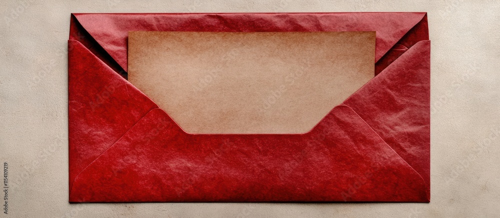Poster opened red envelope with blank sheet of paper on soft surface top view flat lay for stationery or co