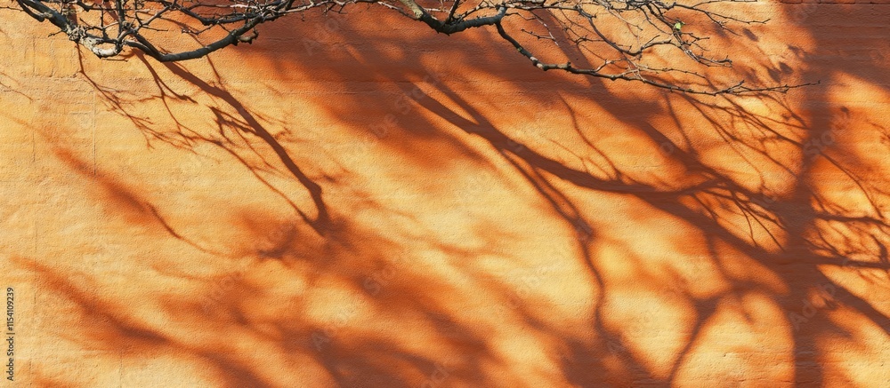 Poster artistic orange brick wall casting intricate shadow patterns from overhanging branches creating a vi