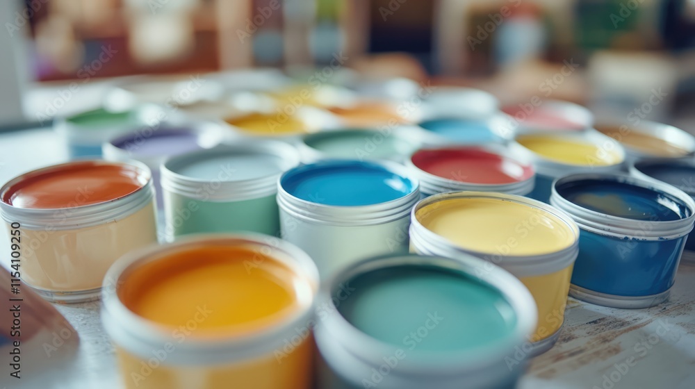 Poster vibrant paint cans and color palette samples arranged on a table showcasing a variety of hues for ar