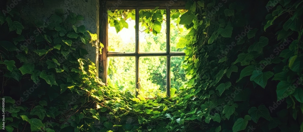 Poster overgrown window framed by lush green vines illustrating nature's reclamation in a serene and enchan