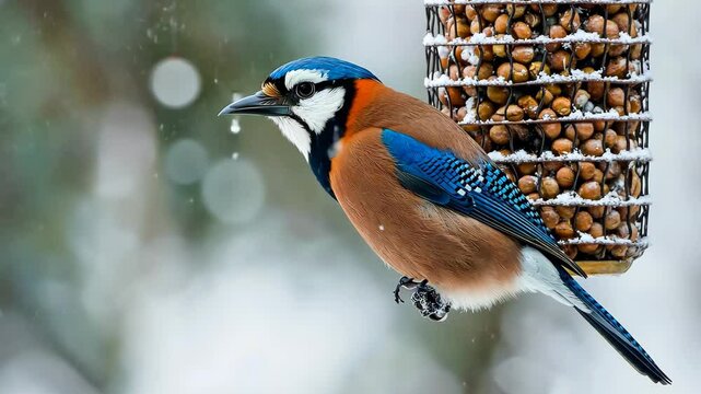 Eurasian jay perched on feeder during winter snowfall with nuts, Eurasian jay (Garrulus glandarius) on the winter bird feeder
