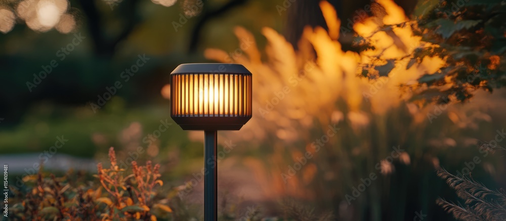 Poster elegant outdoor lamp design illuminating a garden scene with a softly blurred background enhancing n